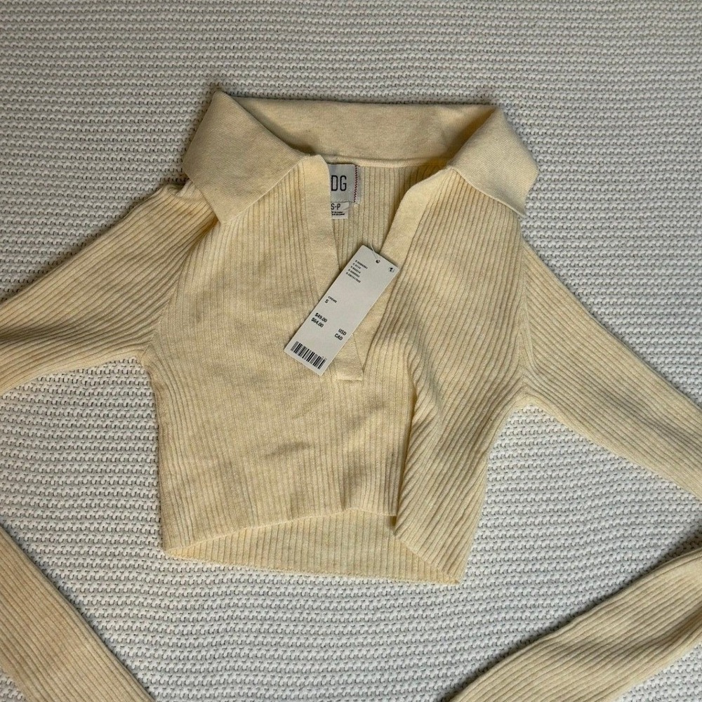 Urban Outfitters BDG Ribbed Knit Long Sleeve Collared Crop Top Creme Small NWT